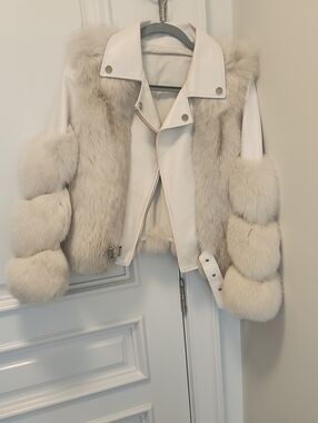 Genuine Fox Fur-Trim With Genuine Leather Moto Jacket Off White Size Med